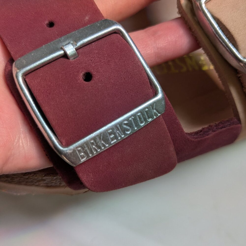 Birkenstock Two-Tone Adjustable Buckle Sandals in Burgundy and Beige - Picture 13 of 13
